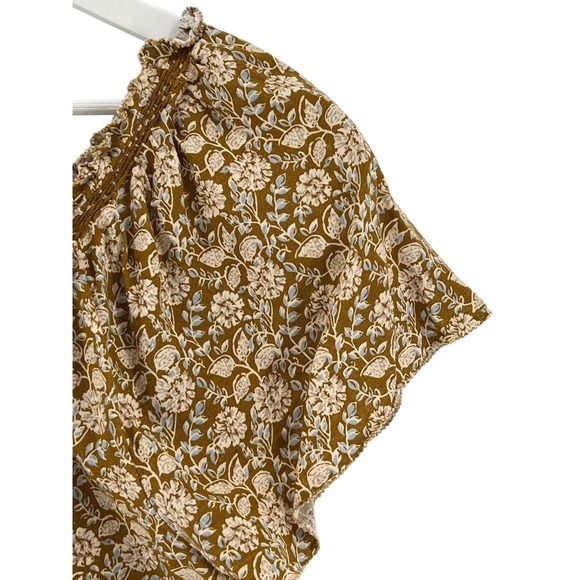 Faherty Blouse Womens Small Brown Floral Linen Blend Boho Peasant Ruffle Smocked - Picture 5 of 10
